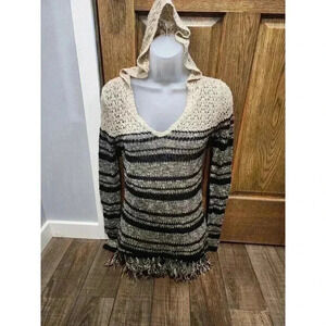 Maurices Small Tan Black Open Knit Hooded Long Sleeve Pullover Sweater